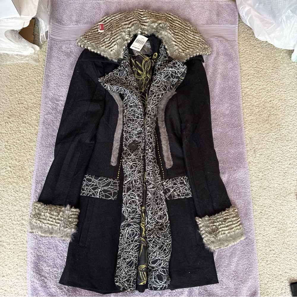 BKE Black Trench Coat with Gray Fur Trim